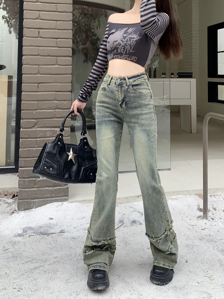 

2023 Korean Y2K Fashion Old Blue Slim Stacked Flare Jeans Pants 90S Vintage Clothes Women Elegant Trousers Lady Roupas Feminina