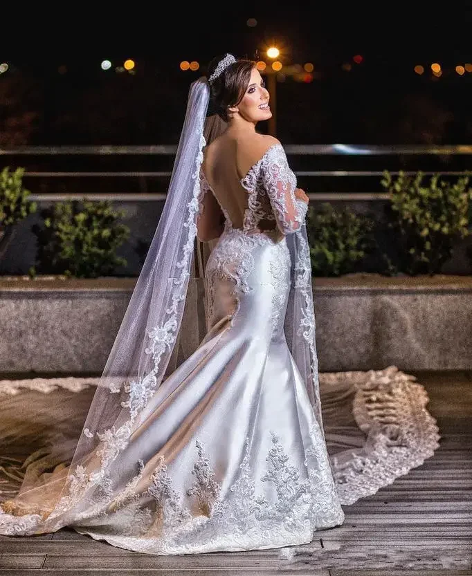 사용자 정의 레이스 아플리케 인어 웨딩 드레스 긴 소매 등이없는 긴 소매 웨딩 드레스 아프리카 베스 티드