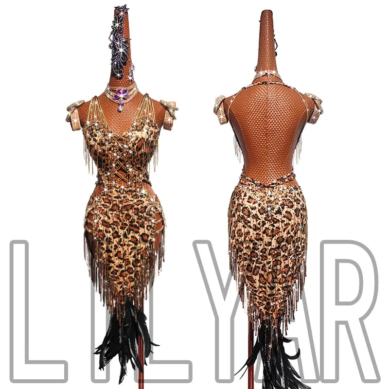 

New Latin Dance Competition Performance Art Exam Adult Female Leopard Pattern Sparkling Diamond White Tassel Sexy High end Dance