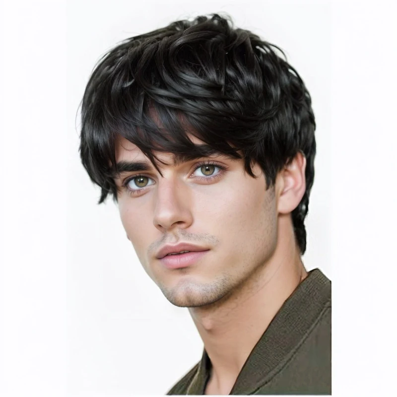 

Men's wig with brown , fluffy black short curly hair, side-swept and straight bangs
