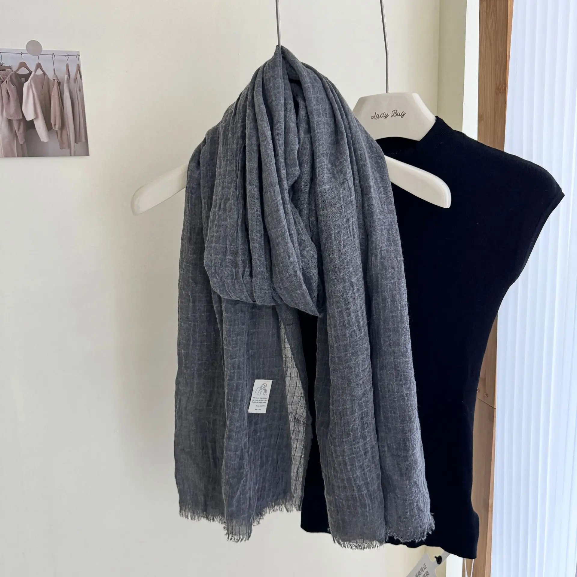 Cotton Linen Scarf Pleated Waffle Texture Women's Spring and Autumn Thin Solid Color Cotton Yarn Shawl Dual-purpose Long Winter