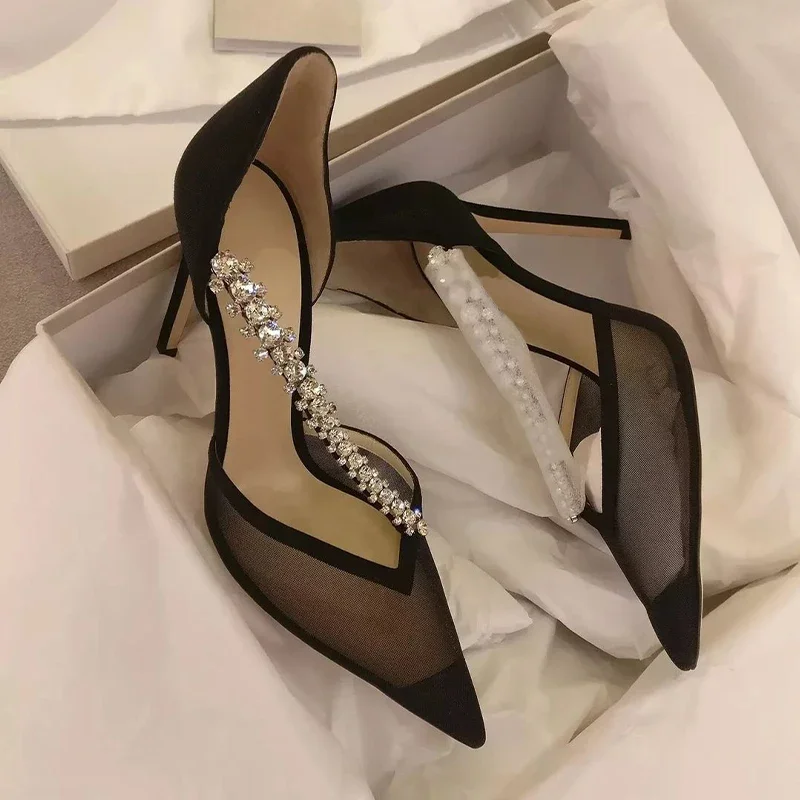 Fashionable and versatile black high heels, 2024 new pointed hollow rhinestone slim heel banquet shoes