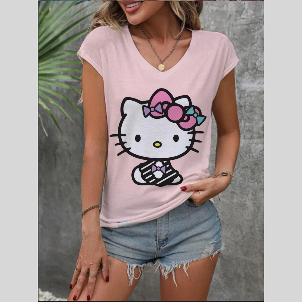 

2025 New Summer High Quality Hello Kitty Anime Printed T-shirt Vitality Street Casual Women's O-neck Short sleeved Top