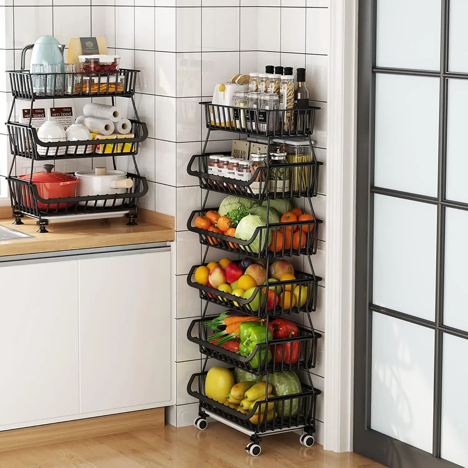 

Fruit Vegetable Storage Basket With Wheels Kitchen Ra 6-Tier Stackable Floor-Standing Movable Organizer Household Sna Shelf For