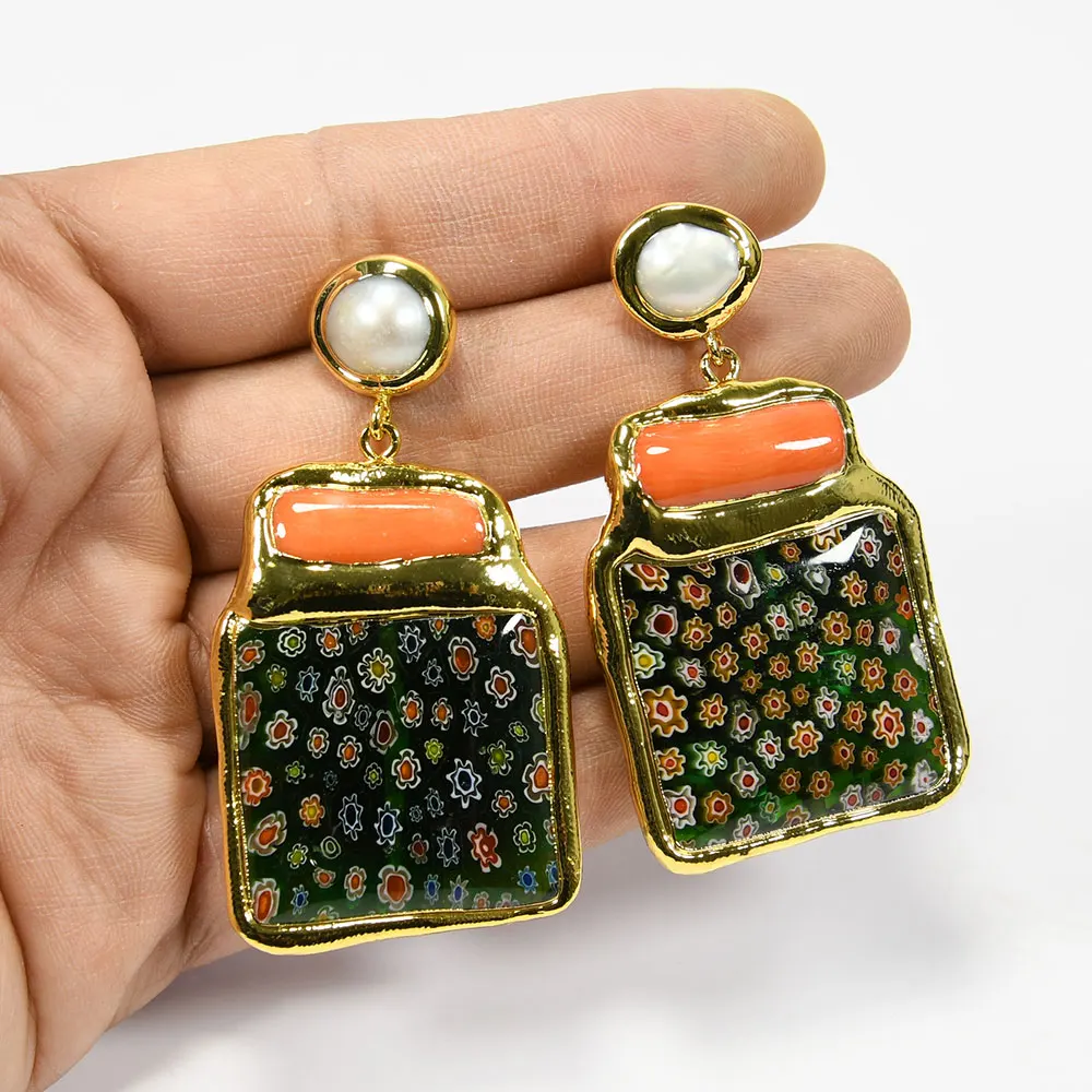 

GuaiGuai Jewelry Big Green Murano Glass Crystal Orange Coral Branch Yellow Gold Plated Dangle Pearl Stud Earrings Lady Gifts