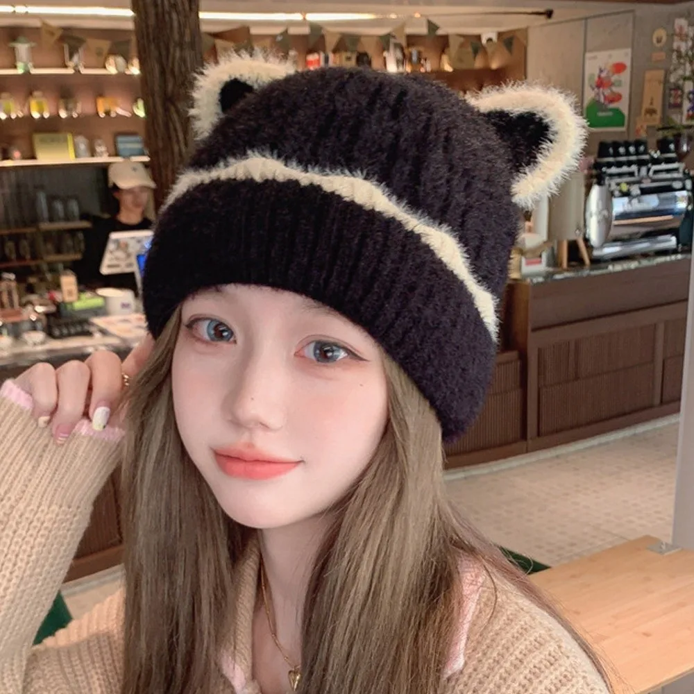 

Модная вязаная шапка с милыми ушками, ветрозащитная, холодостойкая, теплая шапка, защитная шапка для ушей, осень-зима