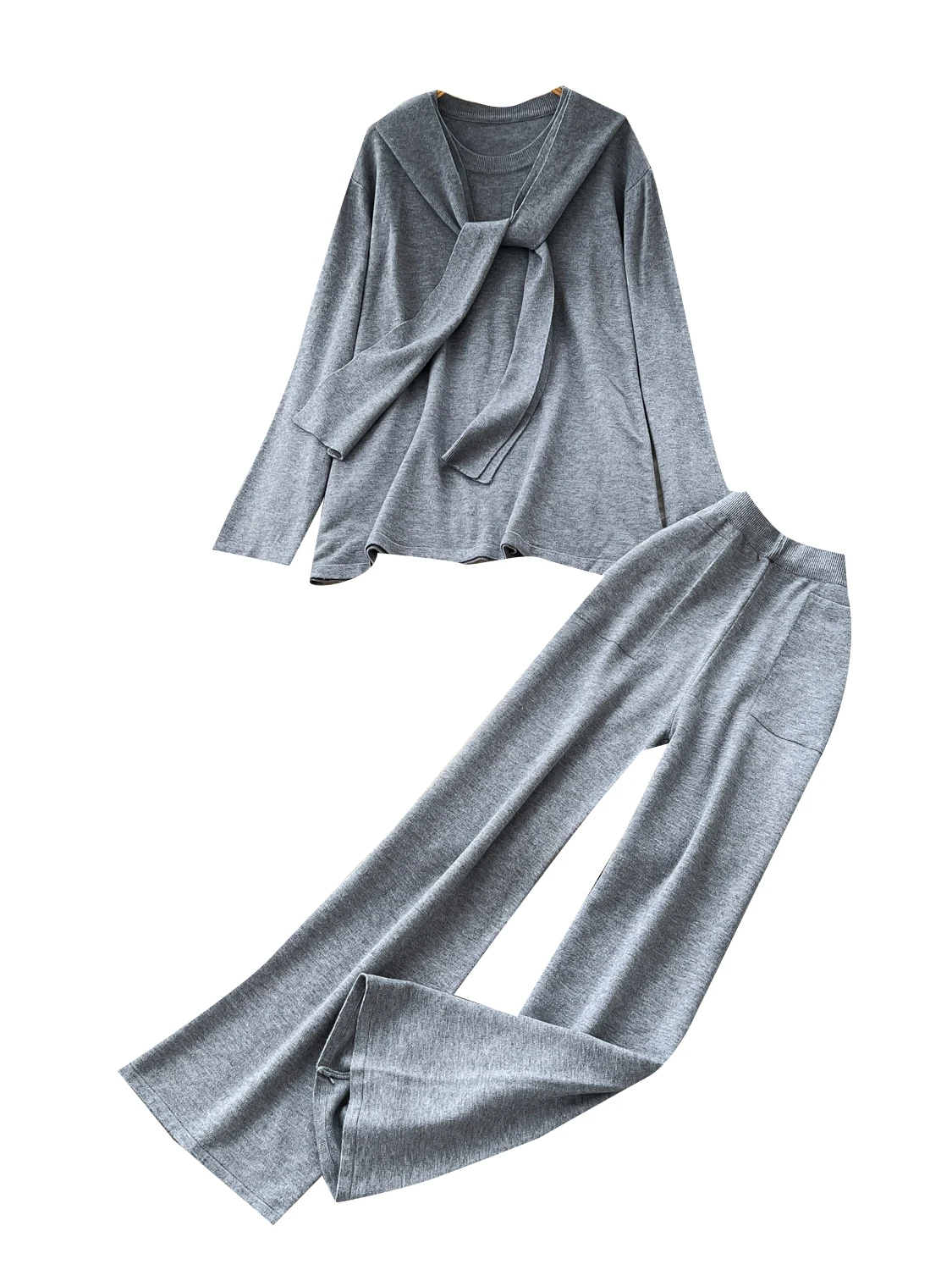 طقم خريفي نسائي من Ele mat بخصر عالٍ طويل Sve مستدير Ne مع سروال طويل ثنيات بدلة مكونة من قطعتين #5