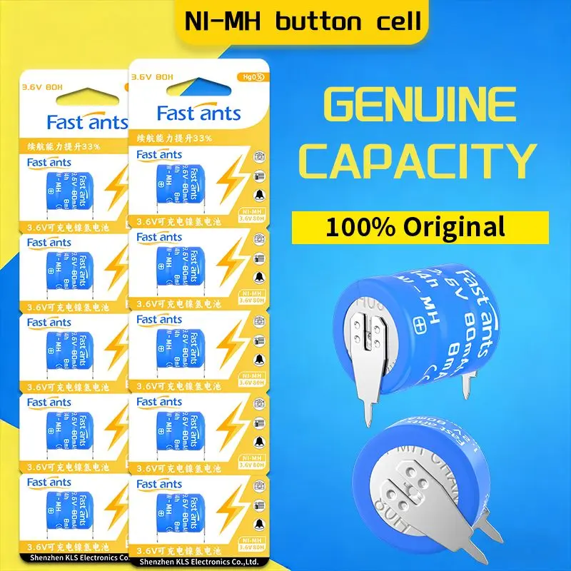 3.6V 80mAh 80HNi-MH Button Battery Rechargeable Low Self-Discharge for Timer, Security Equipment and Compact Electronic Devices