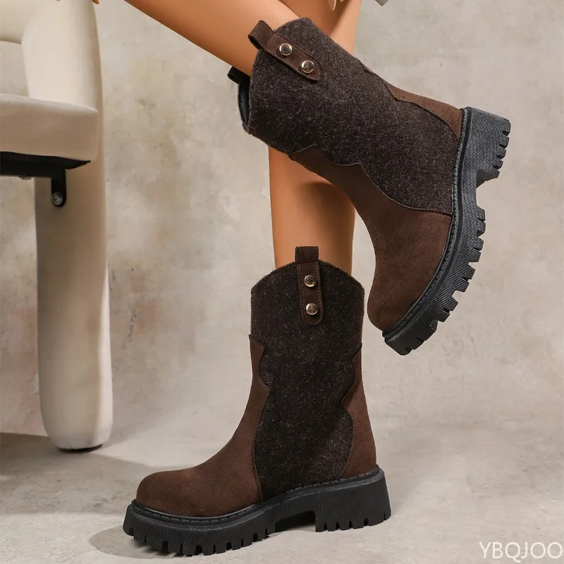 Retro mid length boots for women in autumn new oversized round toe pleated simple comfortable women's boots