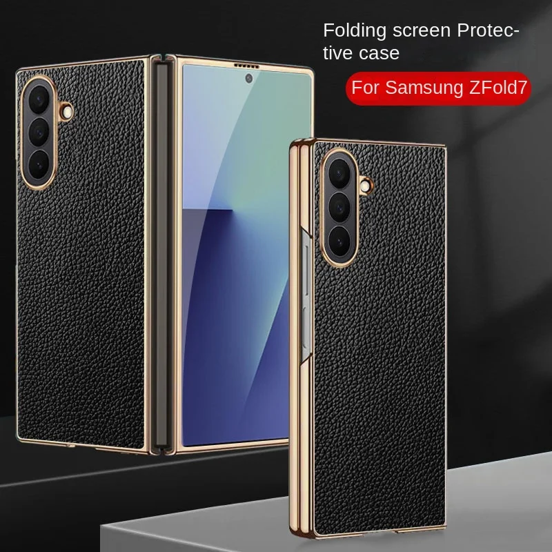 

Чехол для Samsung Galaxy Z Fold 7, роскошный кожаный чехол с покрытием личи, защитная задняя крышка, чехол для телефона samsung Z Fold7, чехол