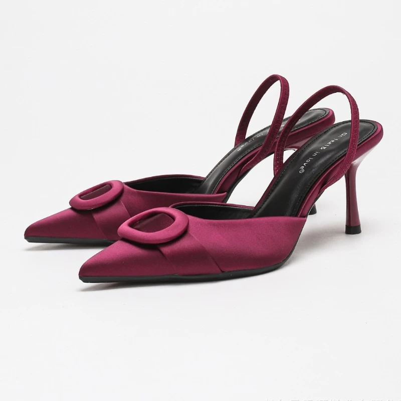 Elegante Satin High Heels Frauen Sexy Spitz Runde Schnalle Design Bankett Pumpen Damen Luxus Party Backless Designer Sandalen
