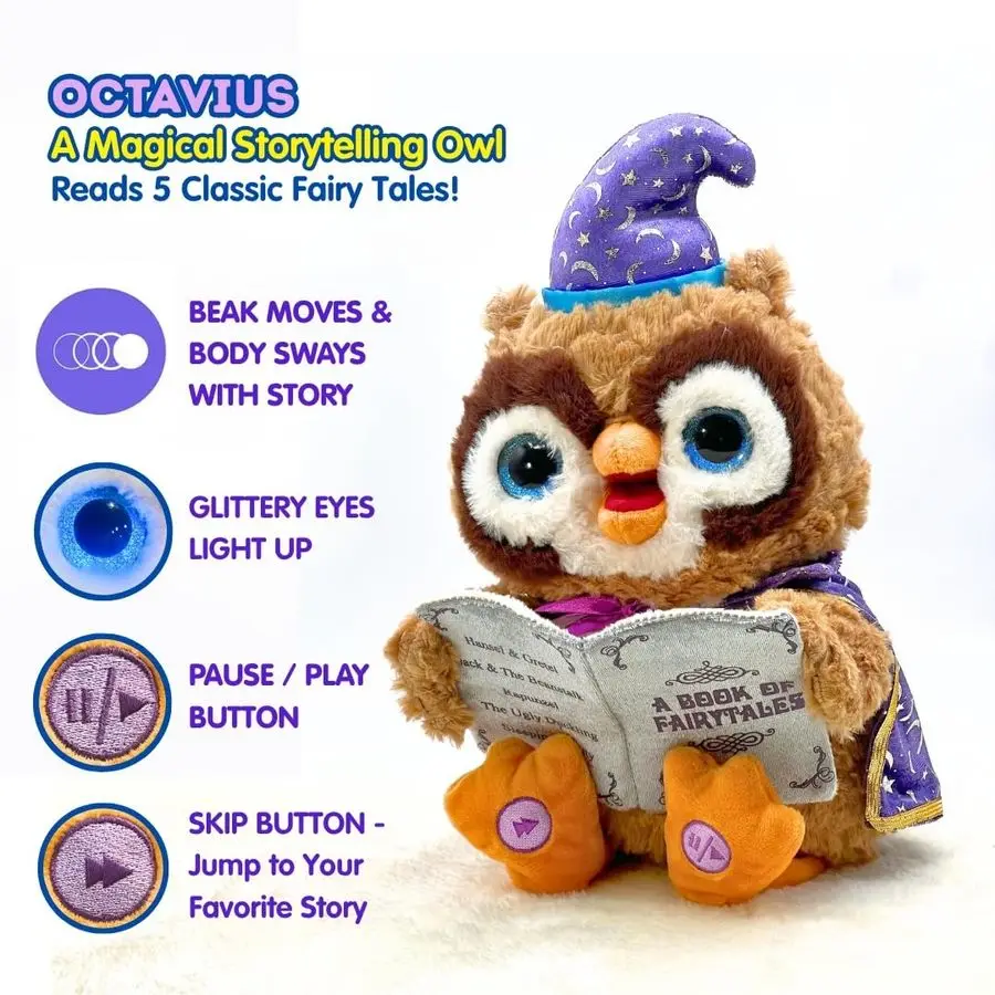 Schuur Octavius De verhalen vertelt uil 12, geanimeerde knuffel knuffel ogen oplichten, mond beweegt en hoofd zwaait tovenaar uil rec