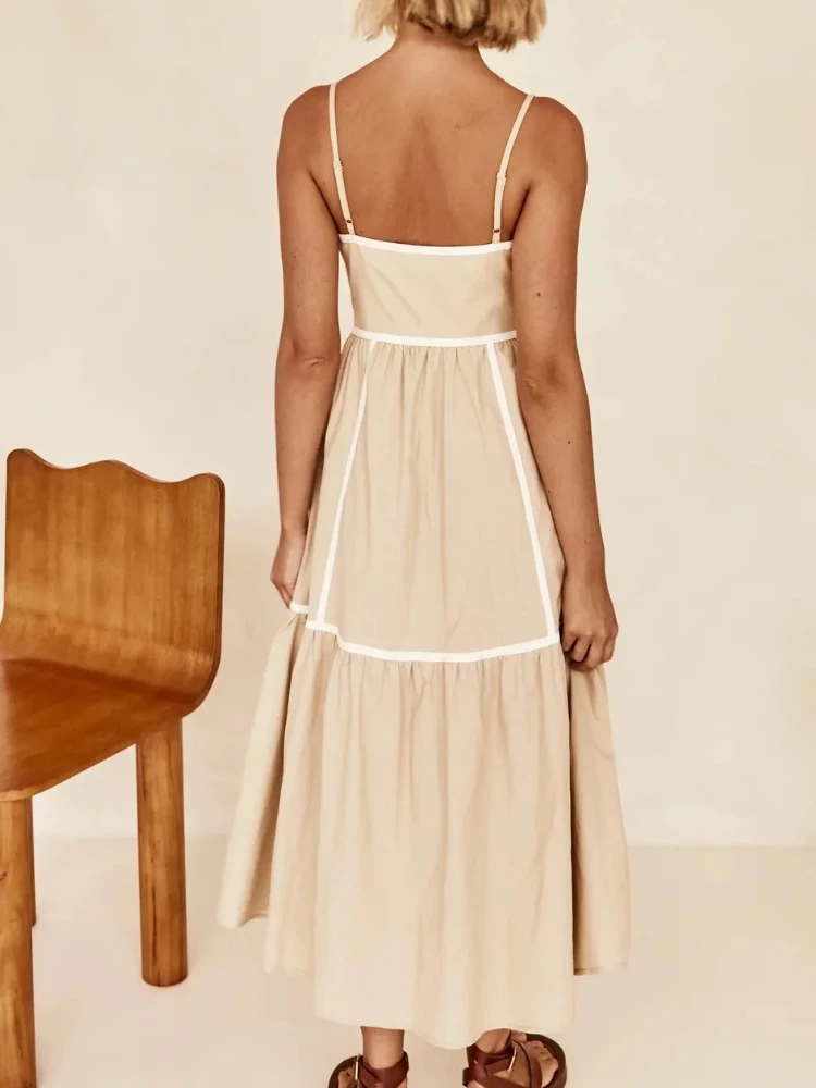 2024 Summer Fashion New Bohemian Elegant Women's Solid Color Long Dress with Hanging Straps Sexy Holiday Style Medium Long Dress