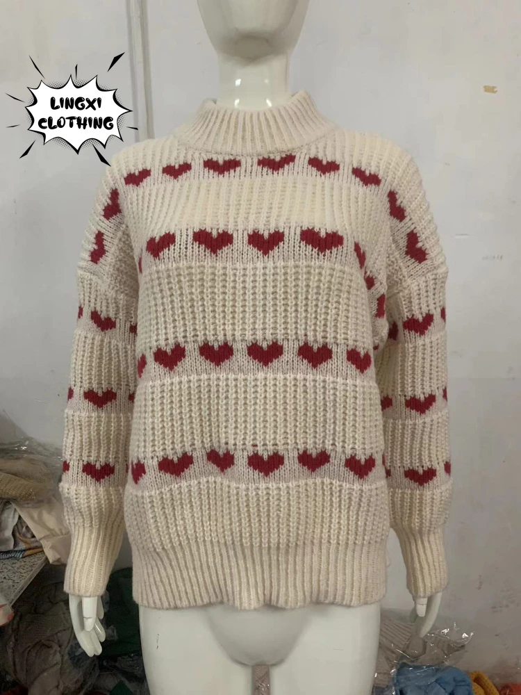 2023 Autumn New Women\'s Knitted Top Pullover Round Neck Heart Jacquard Knitted Warm and Elegant Street Style Knitted Sweater