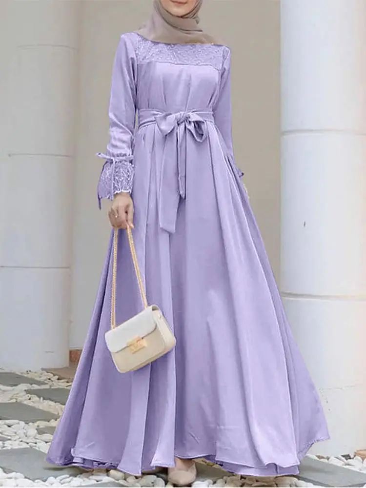 ZANZEA Women Fashion Muslim Dress Long Sleeve Lace Patchwork Vestidos Eid Mubarek Abaya Sundress Elegant Maxi Long Robe Oversize