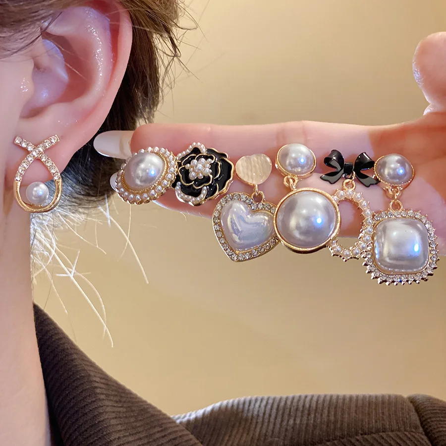 12/14 Pcs French Elegant Imitation Pearl Stud Earrings Woman Geometric Inlaid Rhinestones Ear Studs Jewelry Sets New Wholesale K