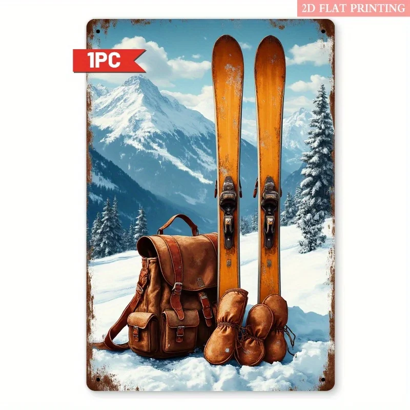 2D Flat, 1pc Vintage Ski Lodge Metal Wall Art Sign - Heavy-Duty Iron Rustic Alpine Ski Decor with Orange Skis, Backpack & Boots