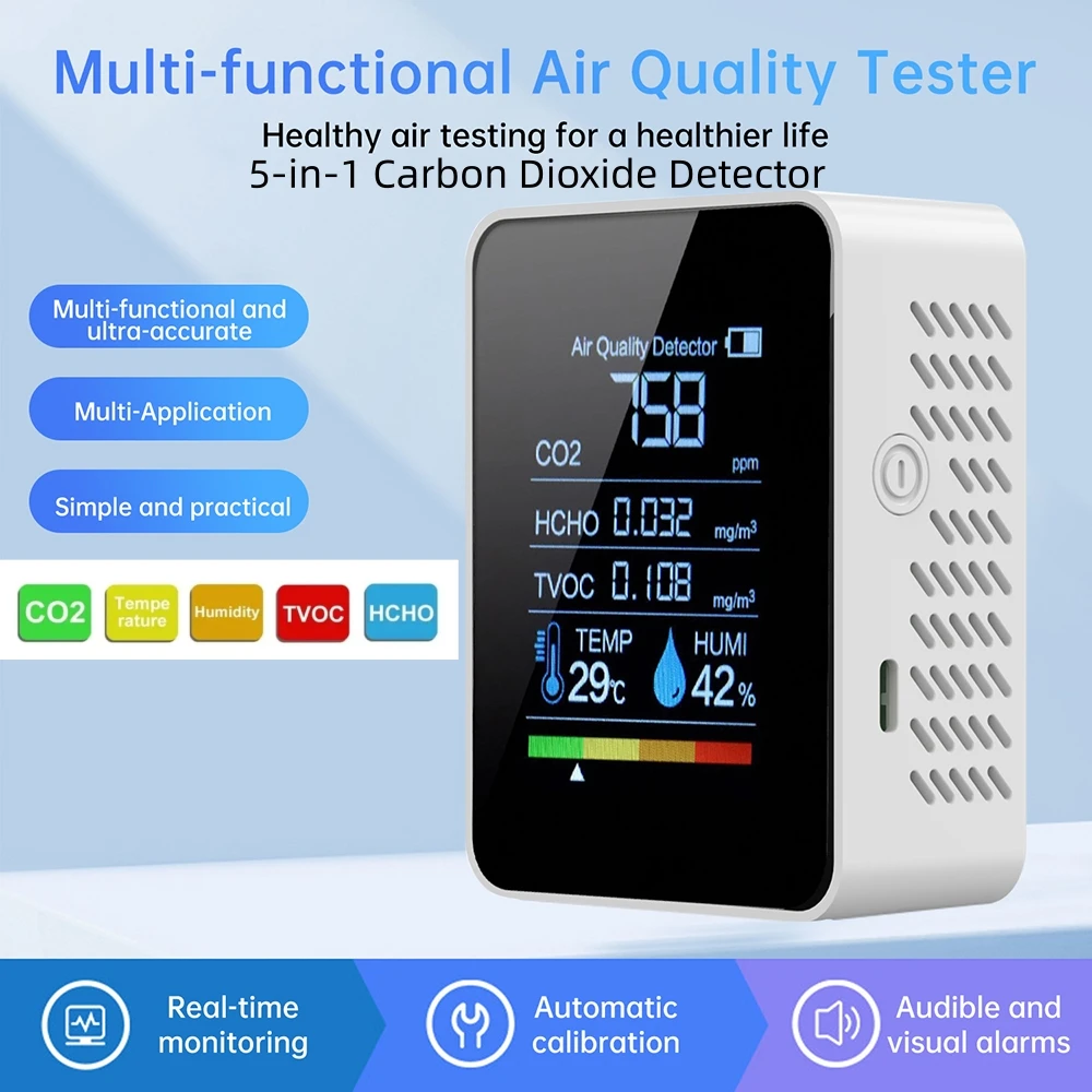 Medidor de CO2 multifuncional 5 en 1, medidor digital de temperatura y humedad, detector de dióxido de carbono CH2O VOC, sensor de calidad del aire CO2
