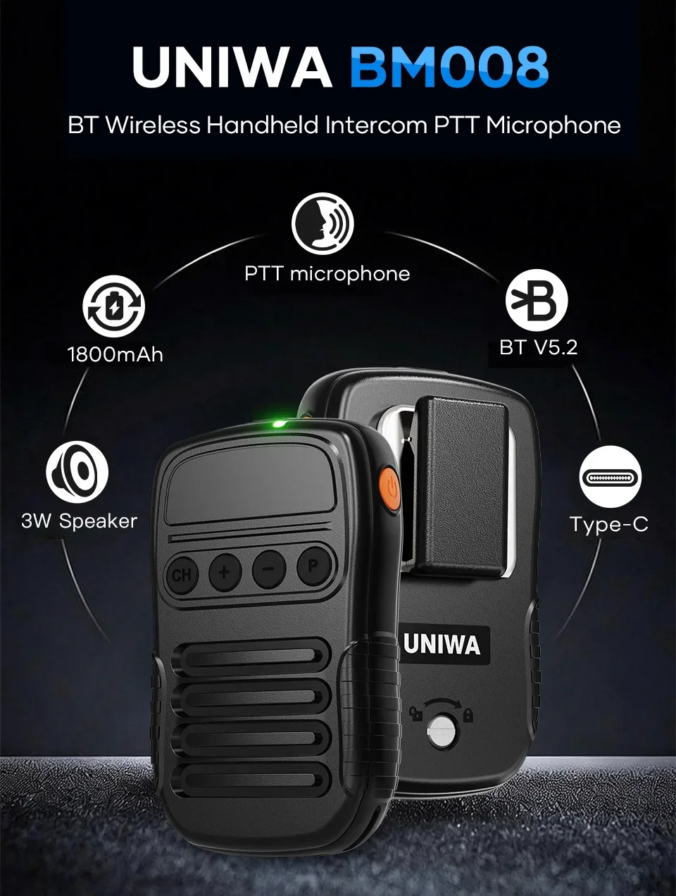 NEW UNIWA BM008 Zello SOS PTT Button Microphone 1800mAh BT Professional Handheld Universal for Mobile Phones and Walkie Talkie
