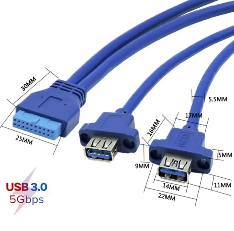 DIY Chassis USB3.0 Front 19 Pin/20Pin Female To 2-Port USB 3.0 Female With Ear Baffle Panel Cable 30cm 50cm 75cm