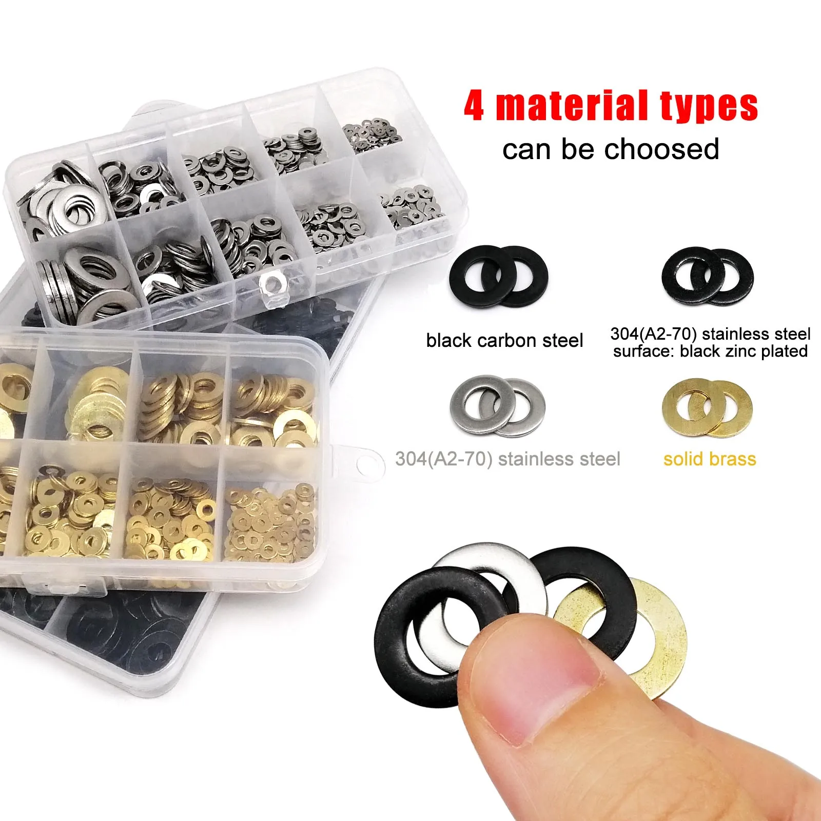 1 Box Mix M1.6 M2 M2.5 M3 M4 M5 M6 M8 M10 M12M16 Assortment Kit Flat Washer Plain Gasket Black 304 A2 Stainless Steel Brass GB97