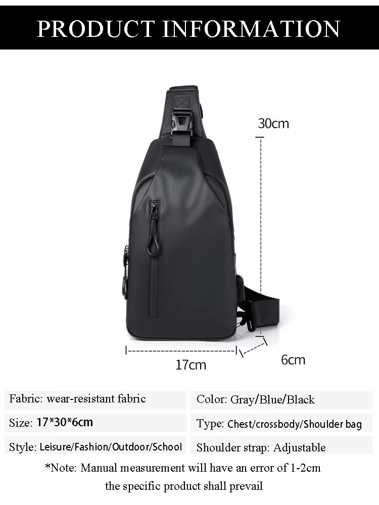 SWISS New Men\'s Chest Bag Fashion Solid Color Chest Bag Outdoor Casual Fashion  Shoulder Crossbody Bag Waterproof bag