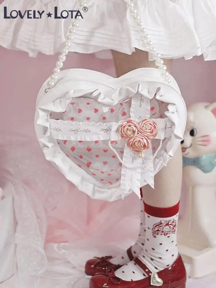 Sweet Lolita Heart‑shape Ita Bag Ruffle Rose Pearl Chain Handbag Crossbody Bag Transparent Window Kawaii Cosplay Shoulder Purse