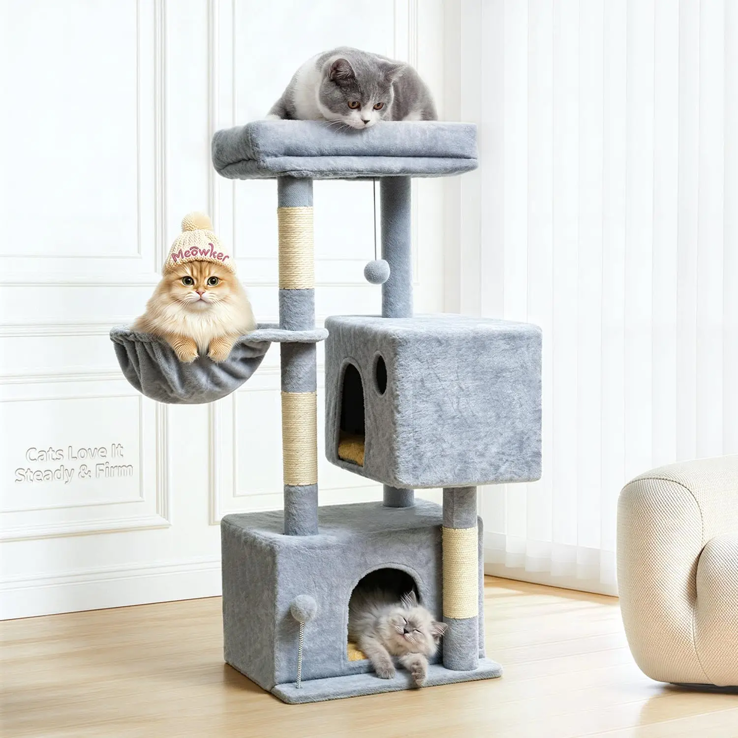 

Cat Tree Tower House Condo Small Scratching Post, 40' Corner Kitty Climbing Stand with Hammock for