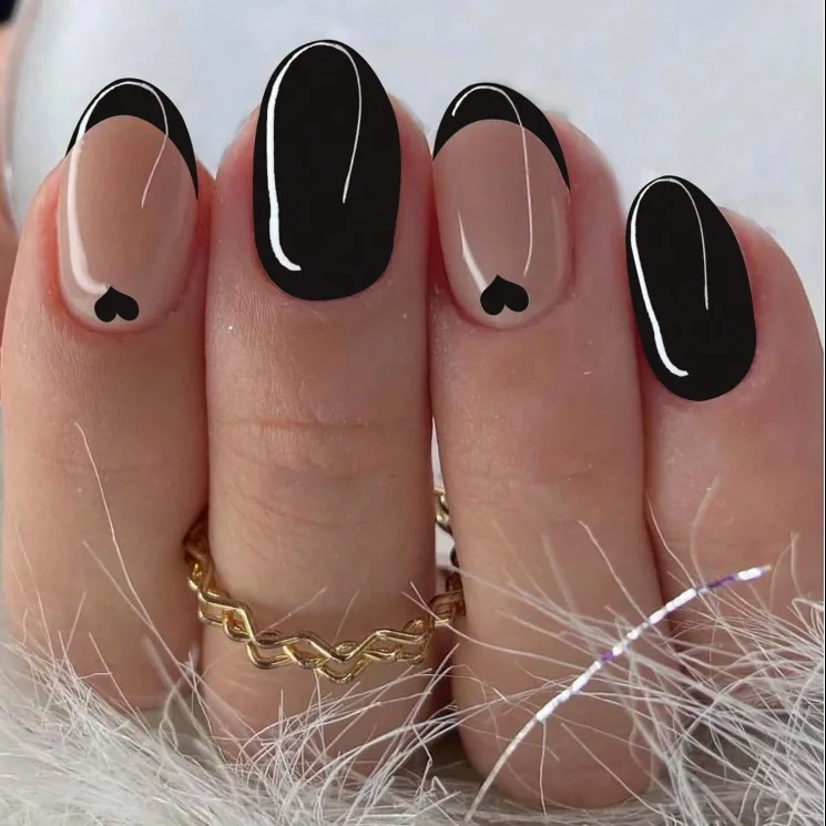 

24PCS Short Round Tip Almond Nails Cross Border French Black Love Wearable Nails Removable Fake Nail Patches Press on Manicure