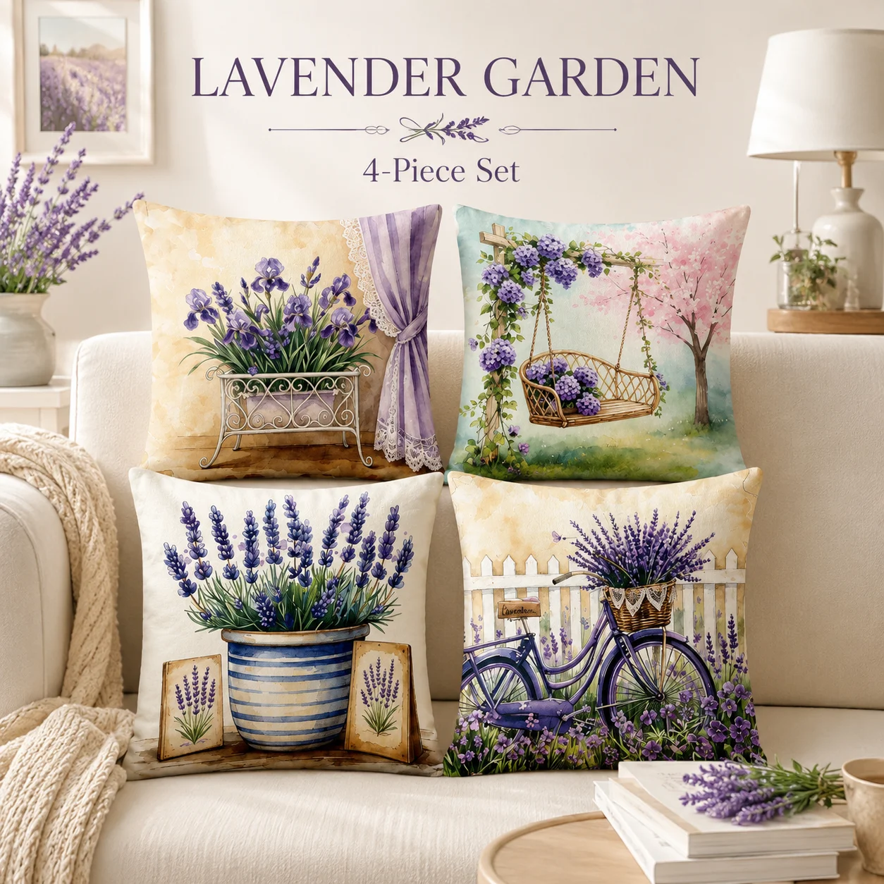 4Pcs Aesthetic Watercolor Floral Cushion Covers 2D Flat Printed Peach Skin Coussin Room Decor Spring Purple Throw Pillow Case
