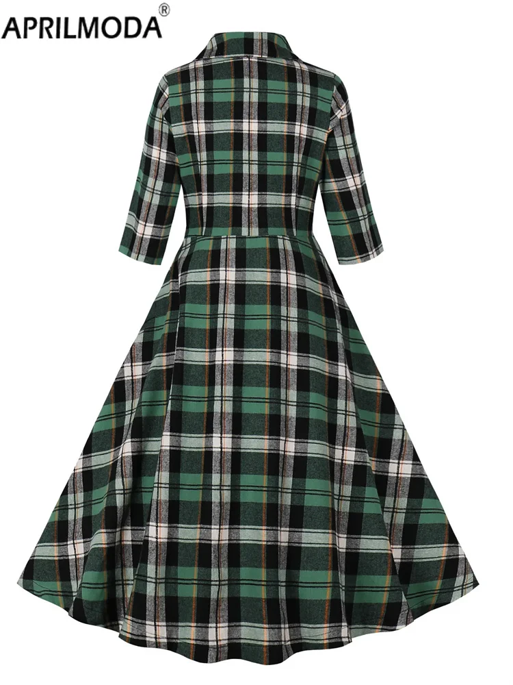 2024 Vintage 1950s Rockabilly Plaid Dresses Buttons Green Women Long Sleeve Autumn England Style Long Midi Dress Female Vestidos