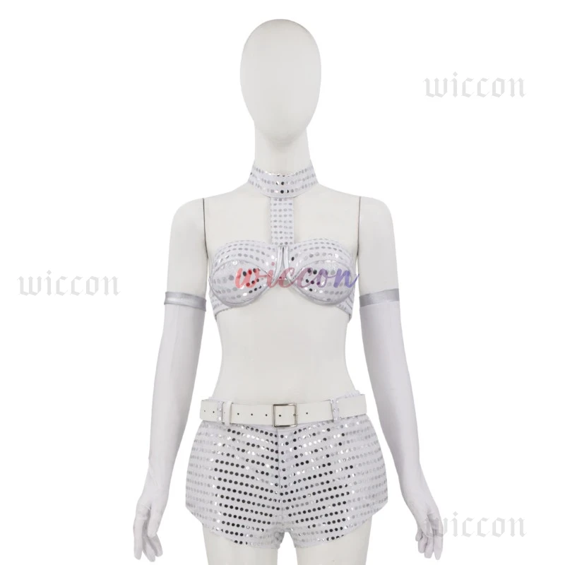 Costume de cosplay de robot de film og Powers pour femmes, haut sexy, soutien-gorge, objectifs imbibés, tenue de performance sur scène, fête d'Halloween, vêtements argentés