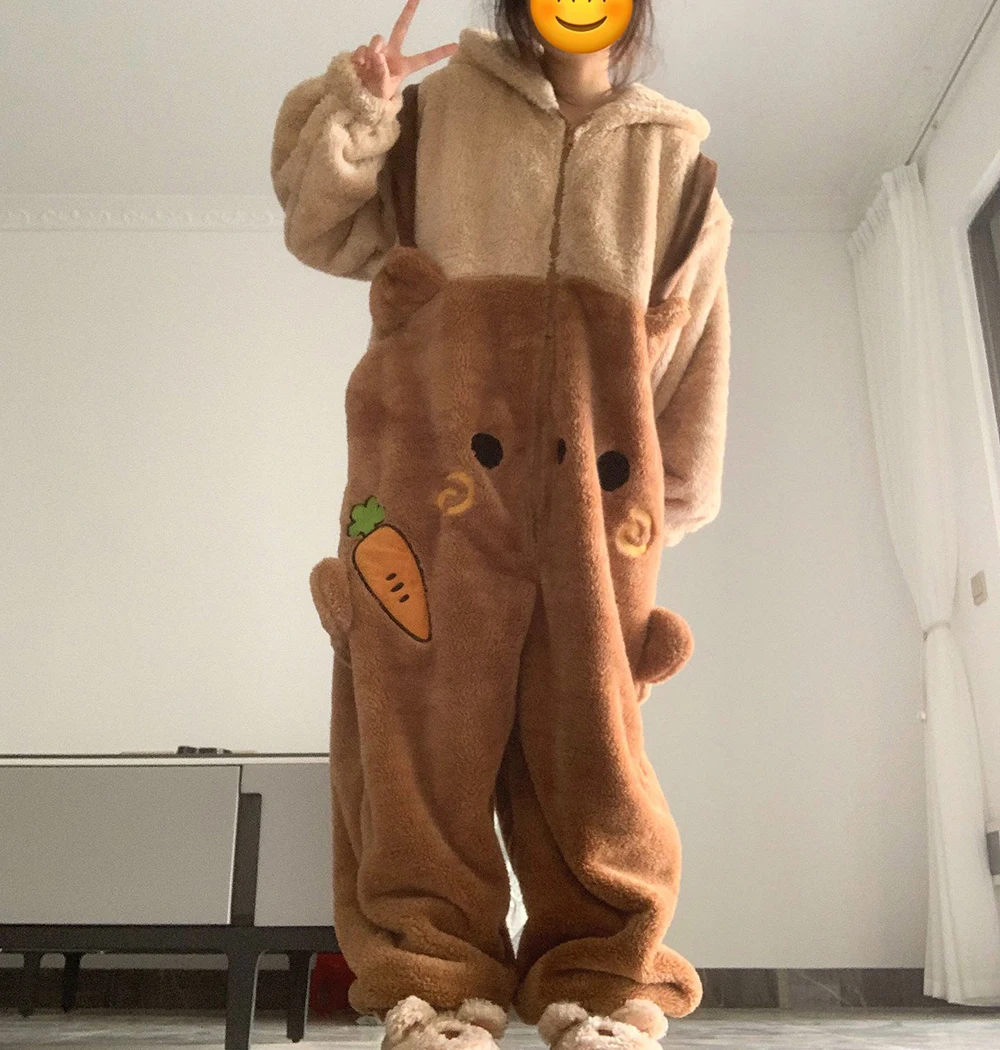 

Bear Cosplay Costume Full Zipper Flannel One-piece Pajamas Soft Warm Winter Jumpsuit Women Kawaii Cartoon Animal Hooded Onesies