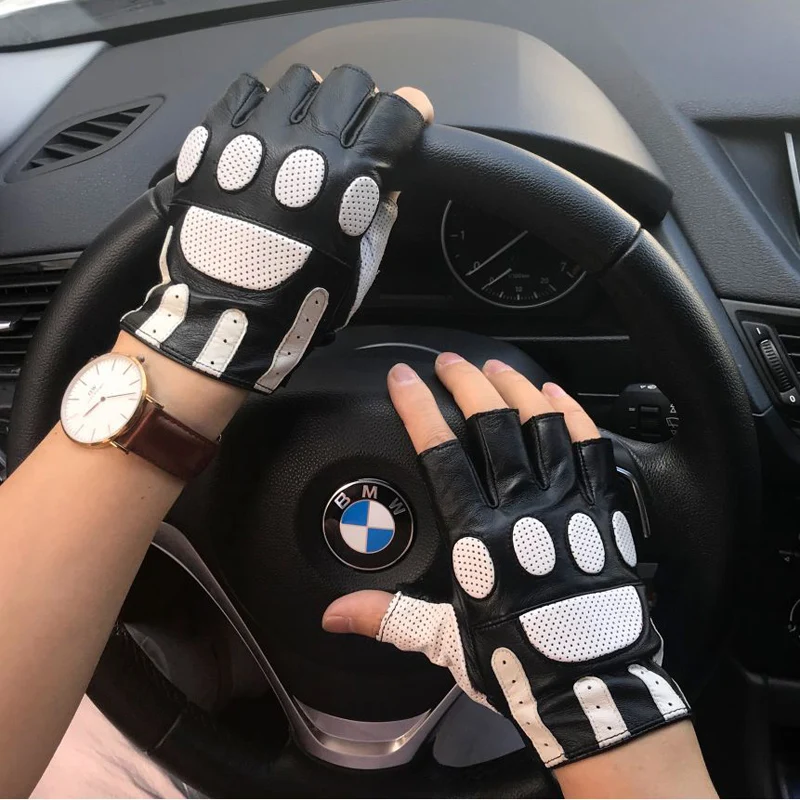 Men's Lambskin Leather Gloves 2025 High Luxury Retro Driving Anti Slip White black Fingerless Leather Mittens Guantes Moto