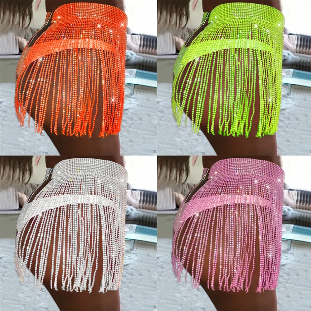 

Women Summer Beach Bikini Mini Skirt GlitterRhinestone Clothing Long Tassel Skirts CrystalDiamonds Adjustable Sexy BeachwearH008