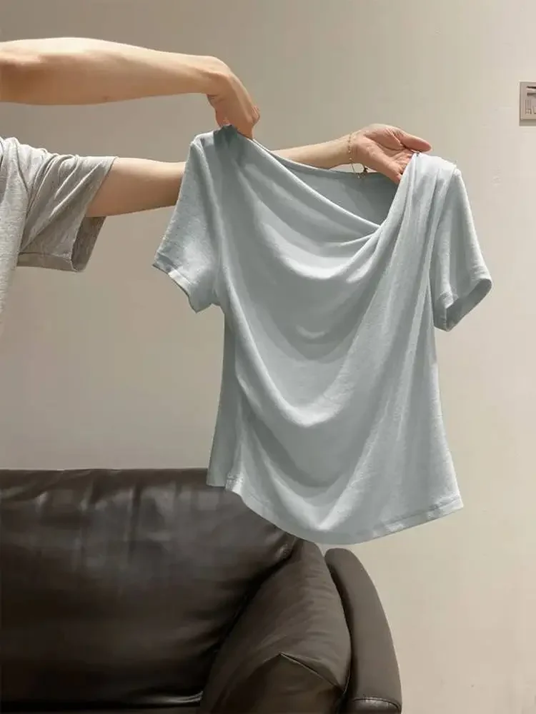 

Голубые новые удобные модели 2025, женская летняя плиссированная футболка для похудения, цветной корейский повседневный топ из чистого хлопка для поездок на работу