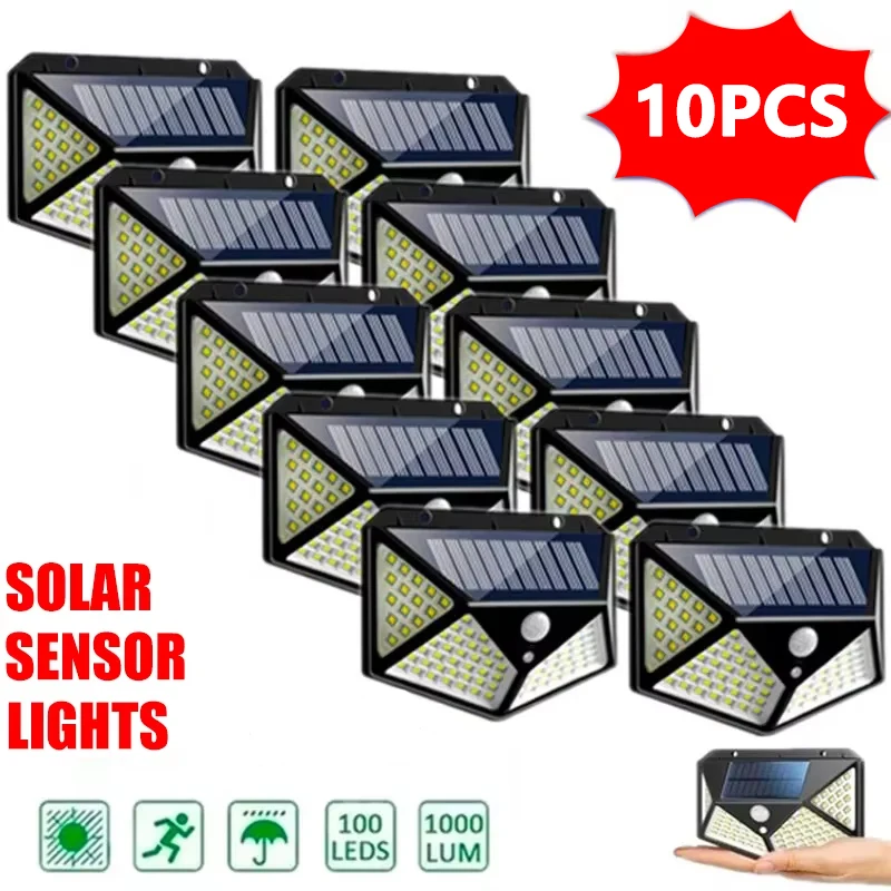 1/2/4/6/10PCS 100 LED Solar Wall Lamp 4 Sides Luminous With Motion Sensor Outdoor Garden Courtyard Waterproof Wall Lights Gifts