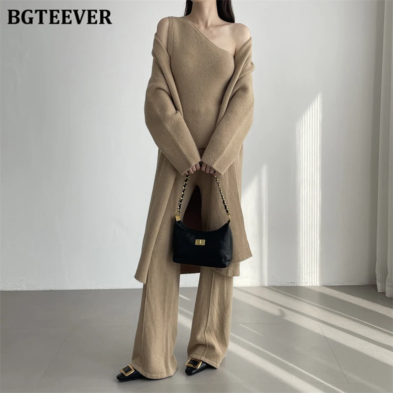 

BGTEEVER Элегантные женские трикотажные брюки, костюмы, кардиганы с длинными рукавами, жилеты без рукавов и широкие брюки, женский комплект из 3 предметов