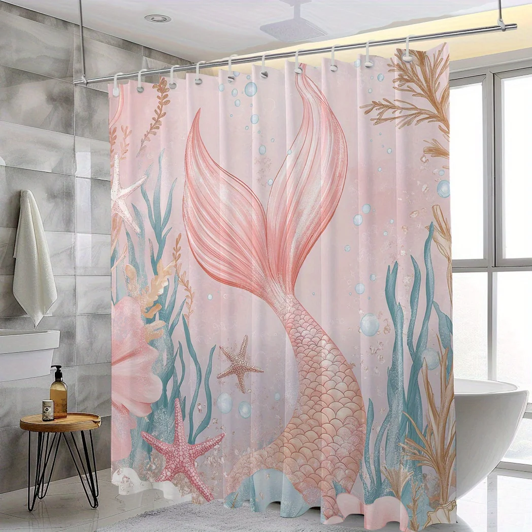 

1pc Mermaid Tails Shower Curtain - Coral & Shells Print, Polyester, 71x71", 12 Hooks, Machine Washable, Underwater Theme