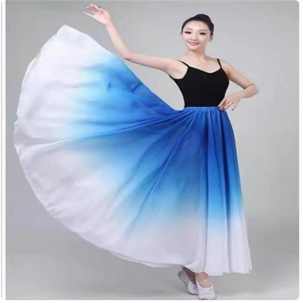 Gradient  85-90CM Length Spain women flamenco Dance costumes double-layer 720 Degree Chiffon ballroom dance long skirt