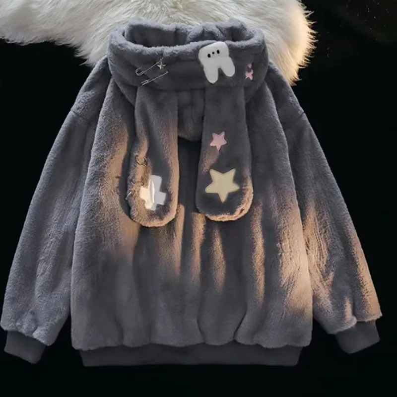 Faux Rabbit Fur Coats for Women,Preppy Style Jackets,Female Overcoat,Thicken Warm Clothes,Hooded,Embroidery,New ,Winter