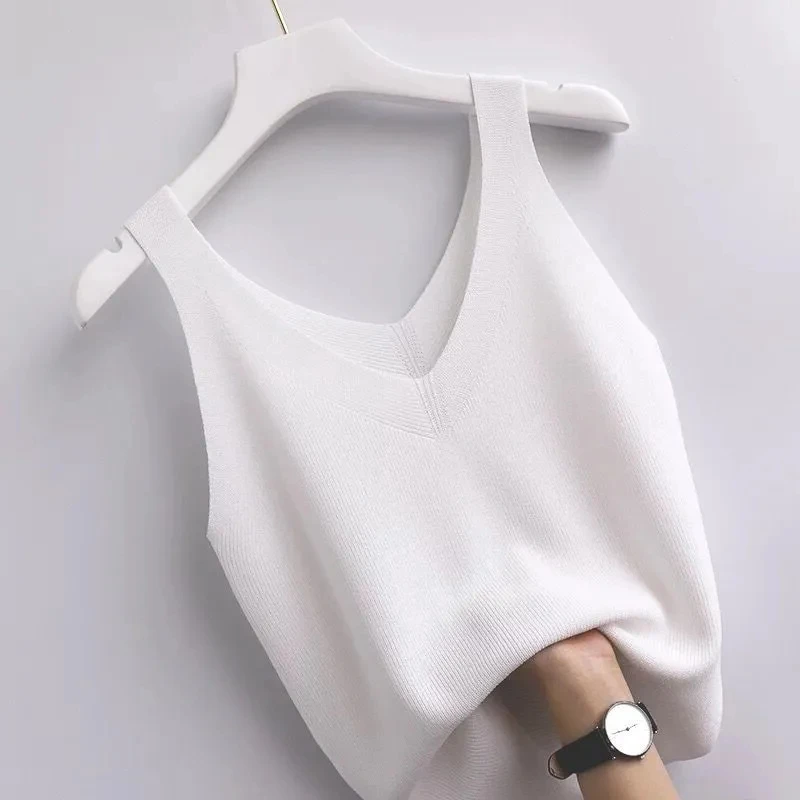 Ice silk V-neck vests camisole women wear summer sleeveless sweater Korean version loose short bottoming shirt top trendy vest