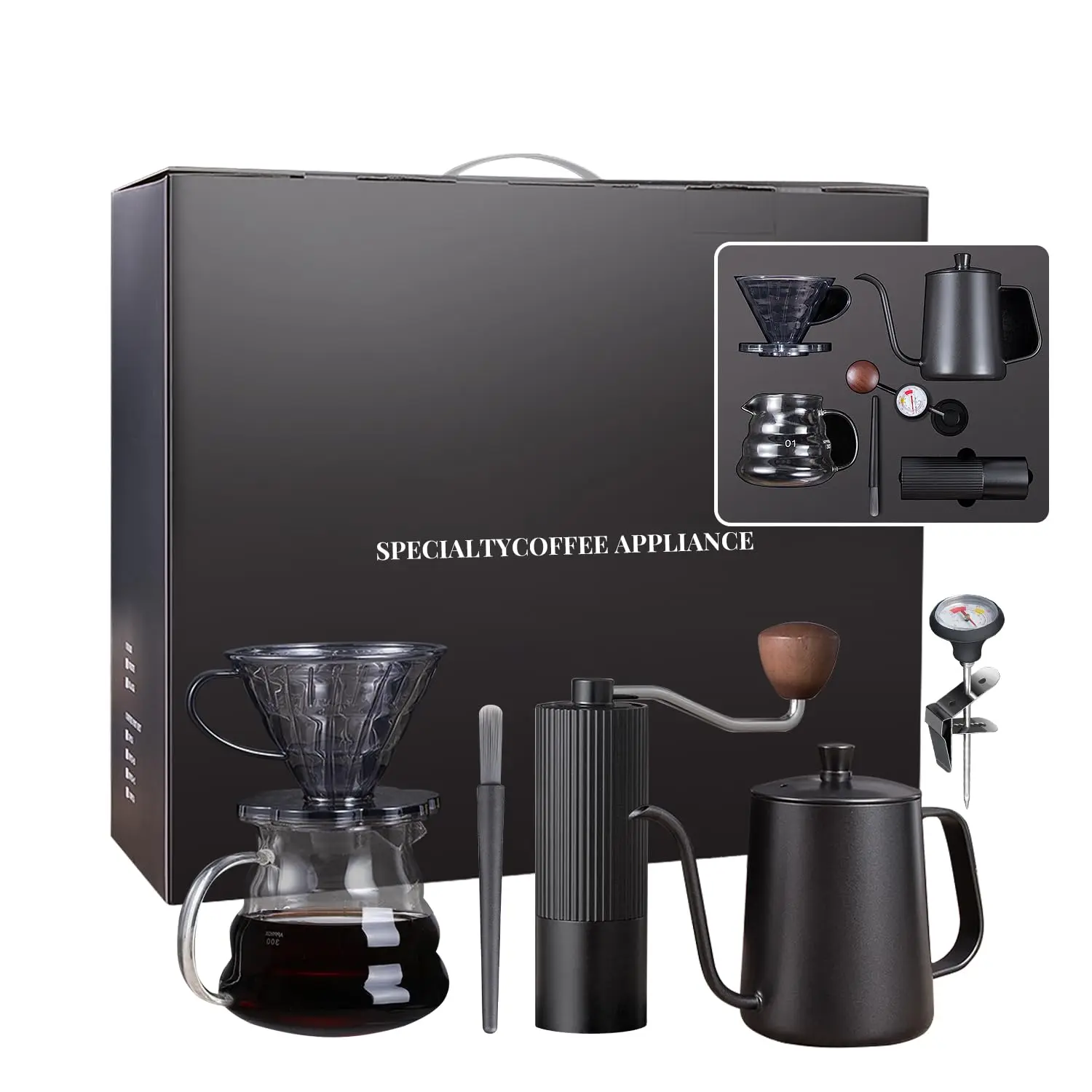 Hand Brew Coffee Present Set Coffee Maker Bean Grinder Filter Cup Hand Brewer, DIY Manual Coffee Lovers Present Set (Black)