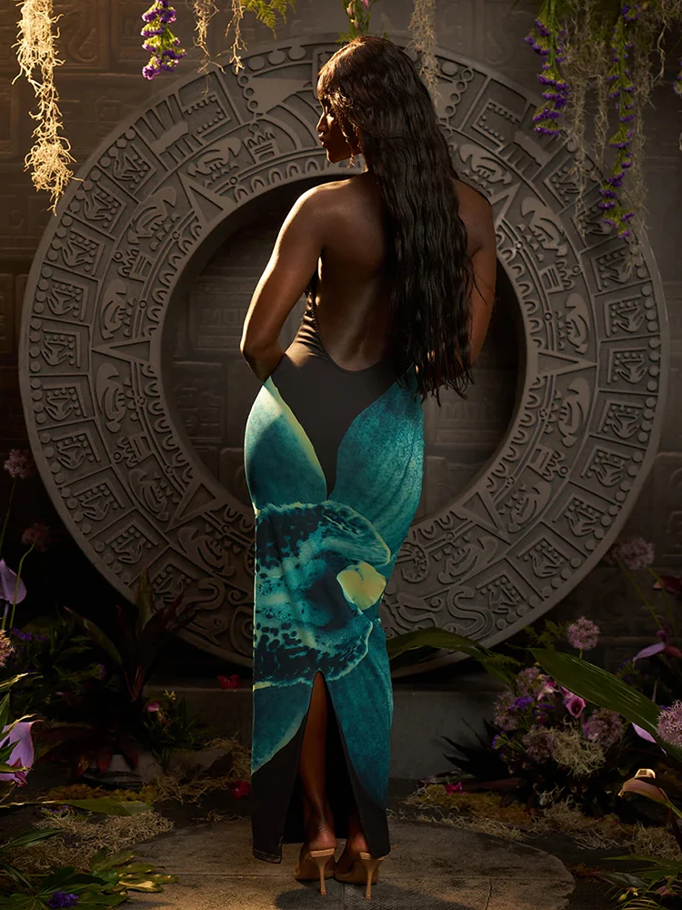 Nibber Backless Orchid Print Donna Halter Dress Sexy Y2K Senza maniche Fasciatura dietro Splits Elegante Midnight Clubwear Abiti