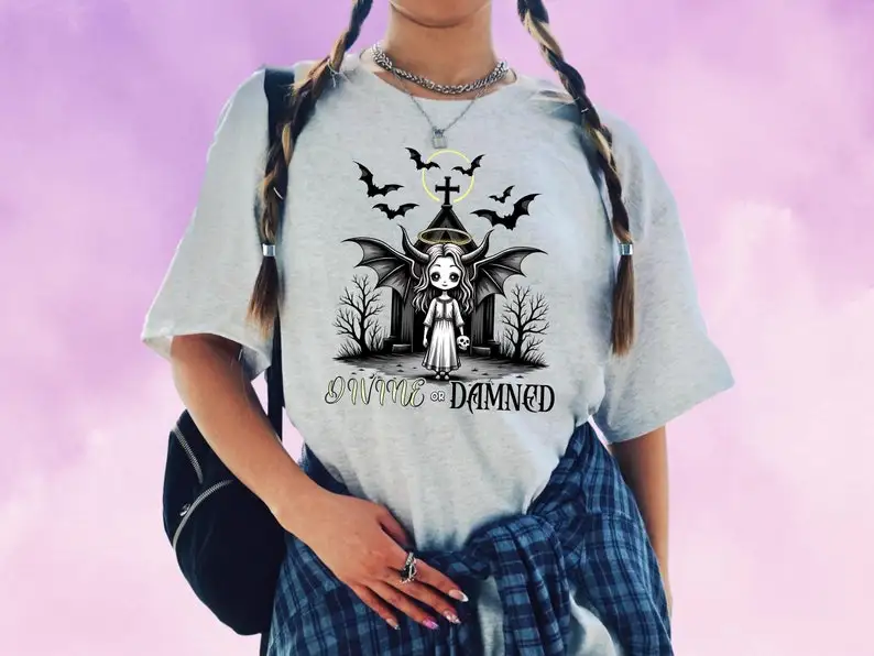 

Gothic Dark Angel T-Shirt, Divine or Damned Tee, Alt Aesthetic Shirt, Creepy Cute Halloween Outfit, Witchy Occult Streetwear Gi
