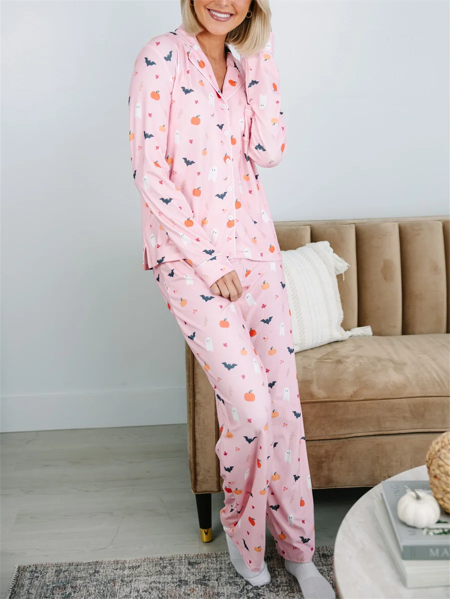 Halloween Pajamas Women Ghosts And Pumpkins Print Sleepwear Long Sleeve 2 Pieces Aesthetic Preppy Pajama Sets Loungewear