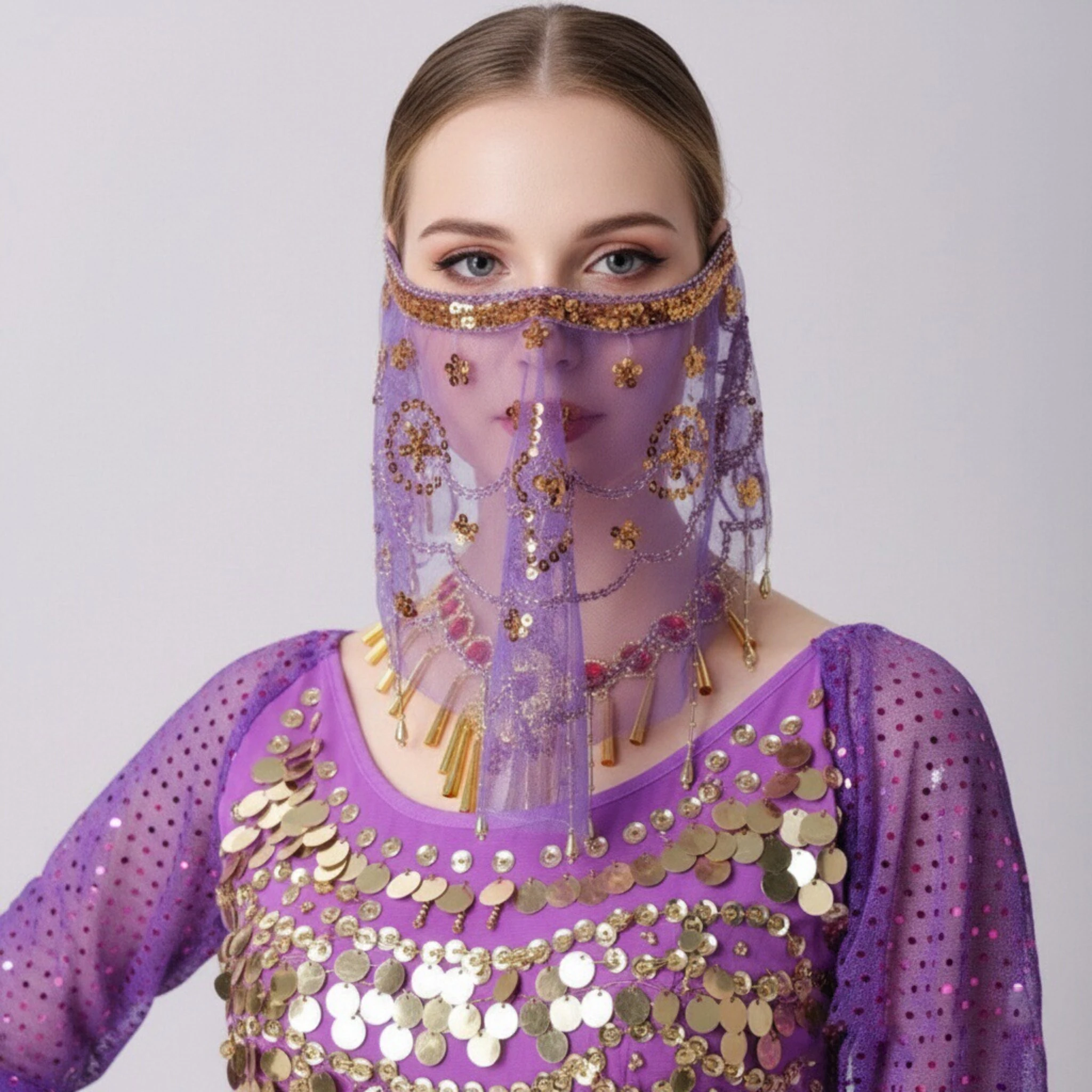 Women Sheer Mesh Belly Dance Face Veil Gold Sequin Beaded Tassel Decor Arabian Mask Oriental Dance Halloween Party Stage