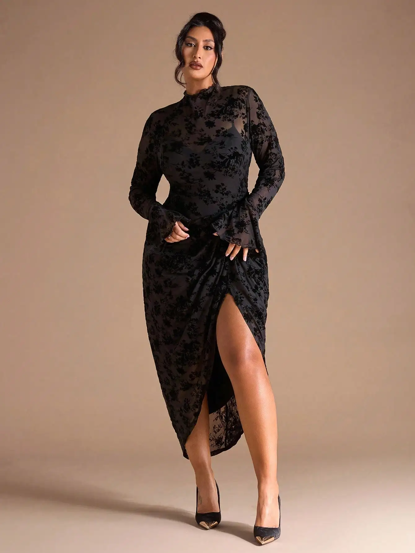 Plus Size Damen Frühherbst Flocked Flared Sleeve Stehkragen Split Plissee Kleid/Hochzeitsgast Kleid Damen,Hochzeit