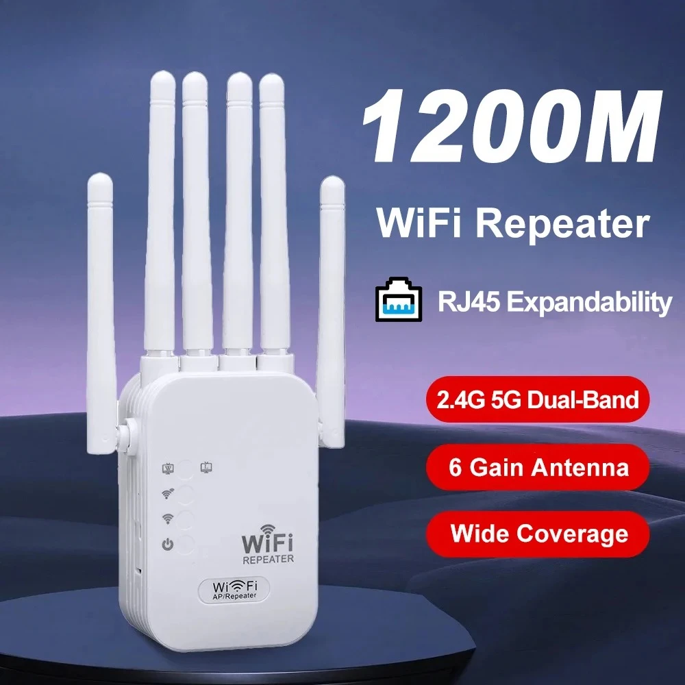 1200Mbps Dual Band 2.4G/5G WiFi Repeater Extender Wireless Signal Booster Amplifier for Home Network Coverage