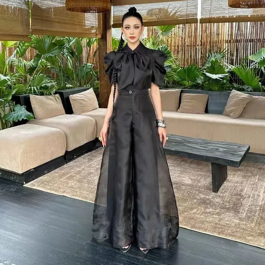 새로운 패션 오간자 와이드 레그 팔라초 팬츠 여성 우아한 여름 하이웨이스트 솔리드 컬러 오피스룩 바지 의류